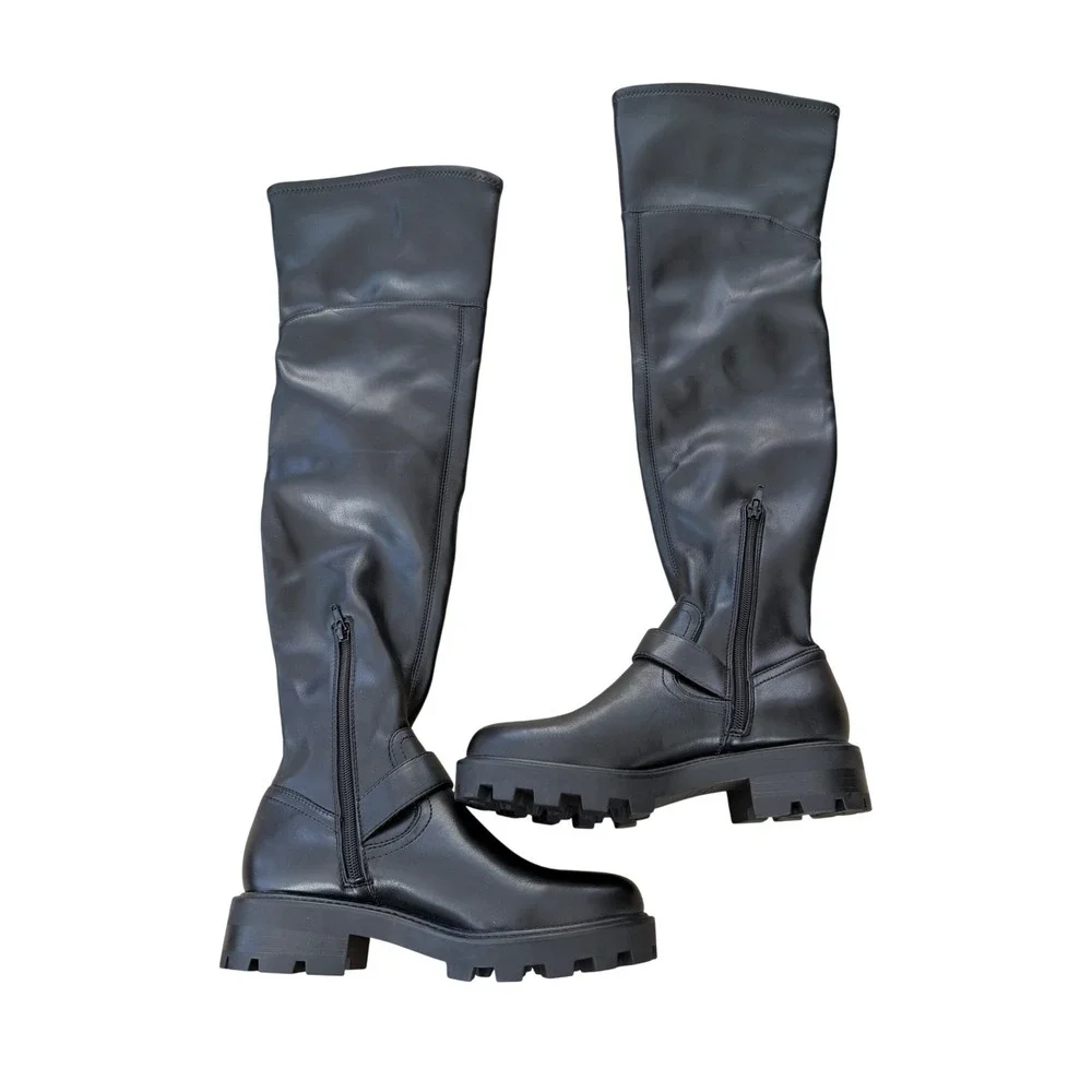 Marc fisher LTD Over The Knee Lug Sole Moto Boots Black Buckle Size 5.5 Side Zip